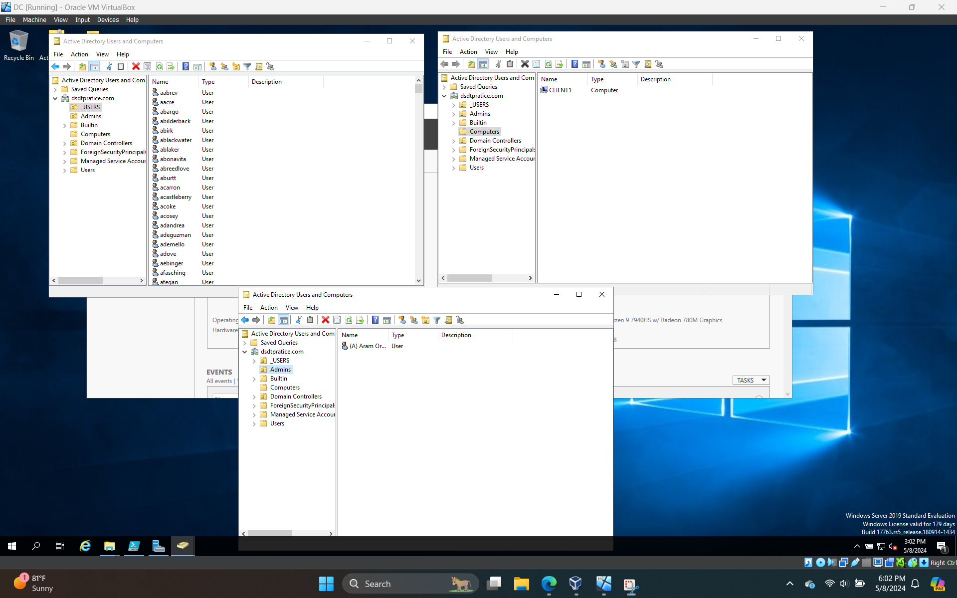 Active Directory Users, Computers, Admin